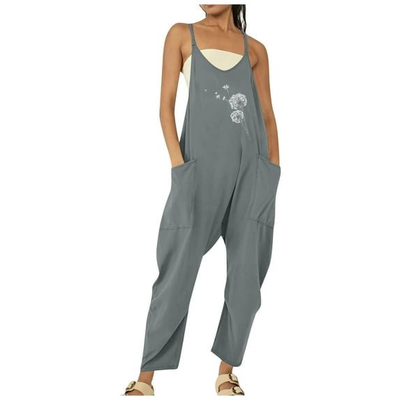 TAIAOJING Jumpsuits For Women Casual Summer Fashion Solid Color Dandelion Print Zippered Pocket Jumpsuit Romper Overalls