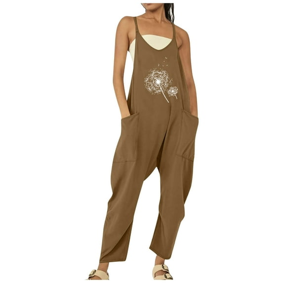 TAIAOJING Jumpsuits For Women Casual Summer Fashion Solid Color Dandelion Print Zippered Pocket Jumpsuit Romper Overalls