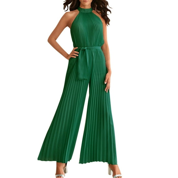 TAIAOJING Jumpsuits for Women Casual Solid Neck Hanging Sleeveless Pleated Jumpsuit Backless Button Belt Rompers