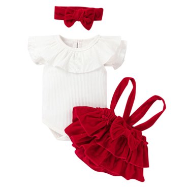 TAIAOJING Kid Baby Girl Outfits Clothes Toddler Ruffles Short Sleeve Ribbed Romper Bodysuits Bowknot Suspenders Shorts Headbands Outfits 9-12 Months