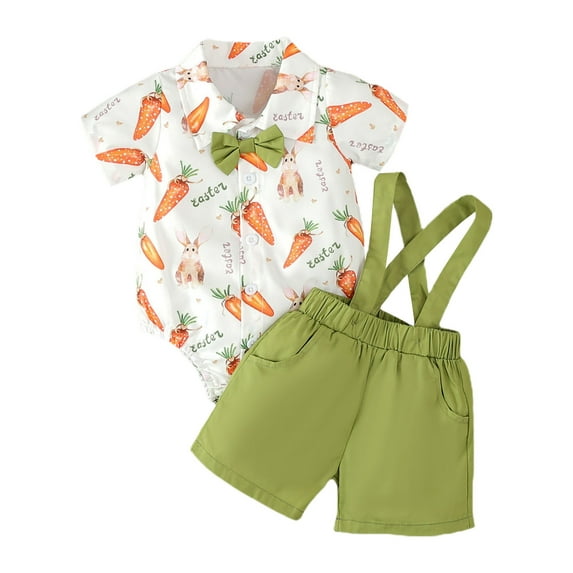 TAIAOJING Kid Toddler Boy Clothes Outfit Boys Girls Short Sleeve Easter Rabbit Prints Romper Bodysuits Suspenders Shorts Gentleman Outfits For 6-12 Months