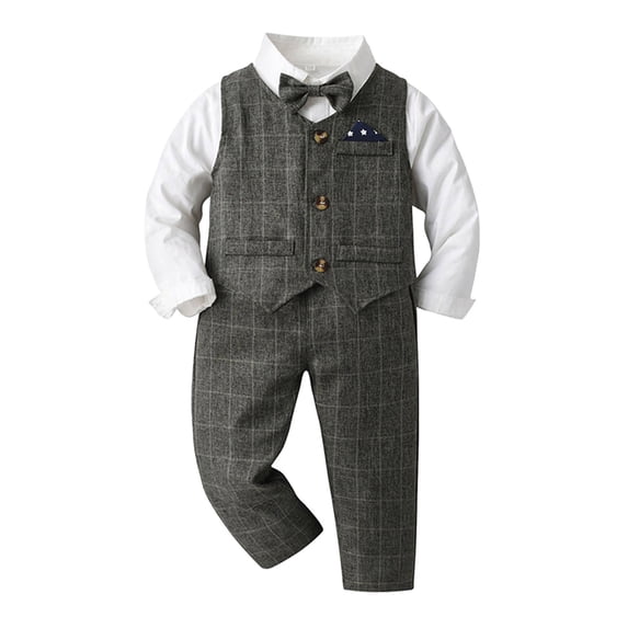 TAIAOJING Kid Toddler Boy Clothes Outfit Toddler Boys Long Sleeve Shirt Plaid Shirt Tops Pants Coat With Tie 4pcs Child Kids Gentleman Outfits For 2-3 Years