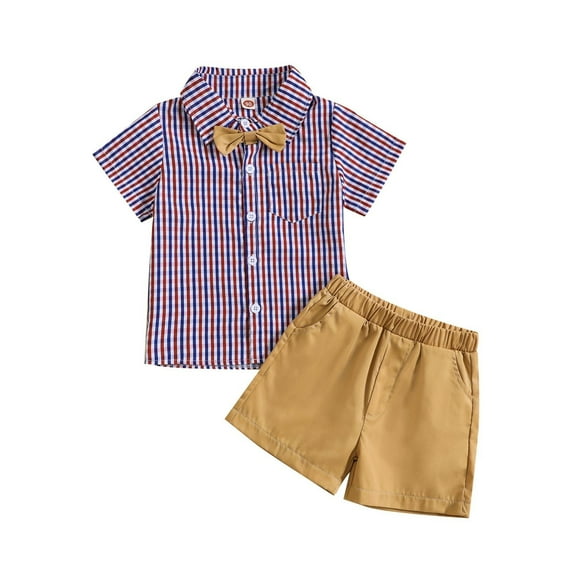 TAIAOJING Kid Toddler Boy Clothes Outfit Toddler Boys Summer Suit Plaid Short Sleeved Shirt With Bow Tie Solid Color Shorts Performance Suit Gentleman Suit For 3-4 Years