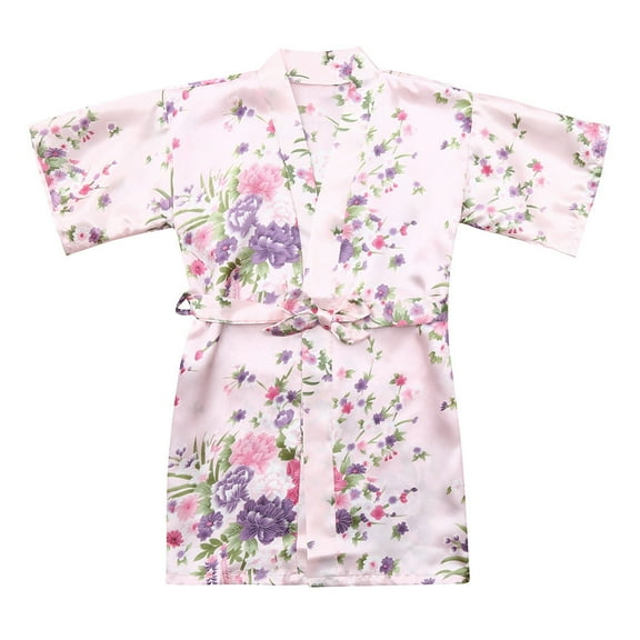 TAIAOJING Kids Girl's Satin Silky Kimono Robe for Spa Toddler Baby Floral Silk Satin Kimono Robes Bathrobe Sleepwear Coat 7-8 Years