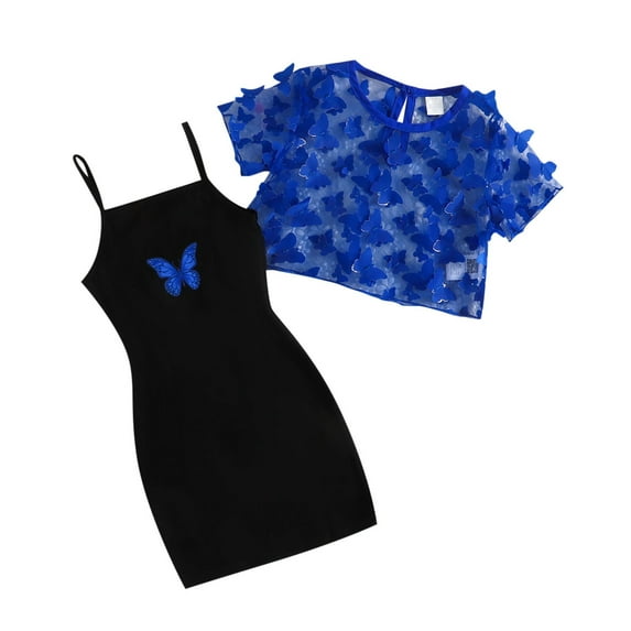 TAIAOJING Kids Girls 2Pcs Clothes Set Litter Girl's 2 Piece Outfits Short Sleeve Mesh Sheer Butterfly Crop Top And Cartoon Print Camisole Dress Set For 5-6 Years