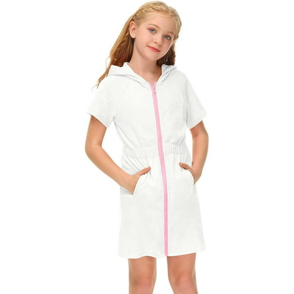 TAIAOJING Kids Girls Hooded Beach Towel Swimsuit Zip Up Terrys Cover Up Bathrobe With Pockets Short Sleeve Bathing Suit Beach Dress 4-5 Years
