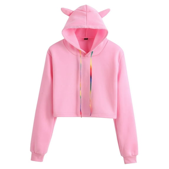 TAIAOJING Kids Girls Pullover Sweatshirt Kids Cute Cat Ear Crop Tops Long Sleeve Causal Plain Hoodie Sweatshirt Shirt 12-14 Years