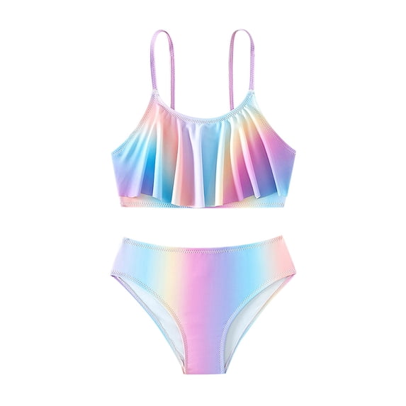 TAIAOJING Kids Girls Swimsuit Two Pieces Tie Dye Bikini Set Ruffle Bathing Suits Flounced Tankini Swimwear For 7-8 Years