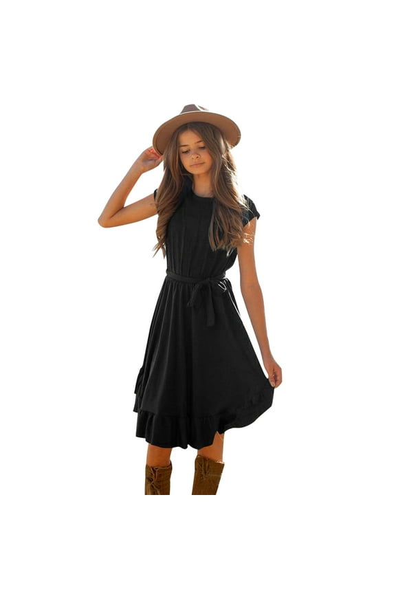 Kids Little Girls Vintage Dress Solid Short Sleeve Ruffles Swing Retro Rockabilly Dresses 7-12Y Party Dresses Clothes For 11-12 Years