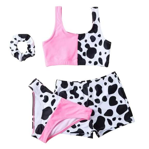 TAIAOJING Kids Toddler Baby Girls Cow Print Sleeveless Print Bikini 4PC Beach Swimsuit Swimwear Clothes For 7-8 Years