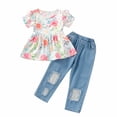thumbnail image 1 of TAIAOJING Kids Toddler Baby Girls Spring Summer Print Cotton Ruffle Short Sleeve Tshirt Jeans Outfits Clothes For 5-6 Years, 1 of 5
