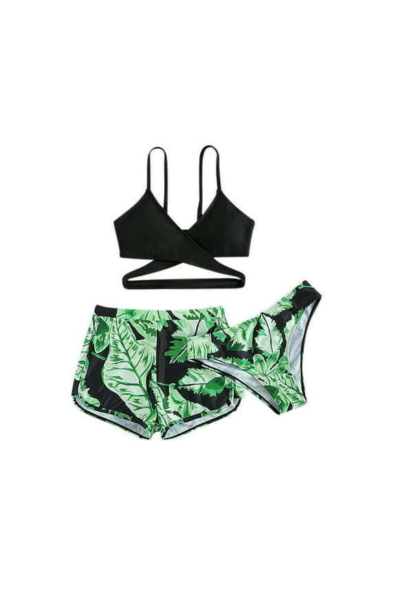 Kids Toddler Baby Girls Spring Summer Print Cotton Sleeveless Children's 3PC Leaves Swimsuit Swimwear For 12-14 Years