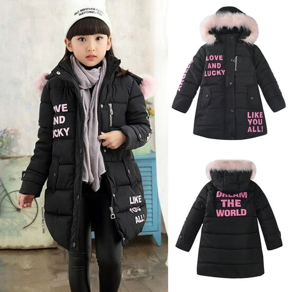 TAIAOJING Kids Winter Full Zip Cute Zipper Toddler Thick Girls Letter Clothes Jacket Children Hooded Coat Girls Coat&jacket Soft Coat Outwear Parka 10-12 Years