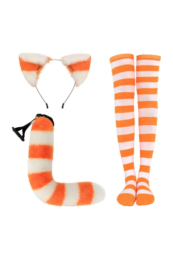Ladies Striped Cat Ear And Tail Knee High Socks Set Adorable Party Accessory For Hallowmas Party