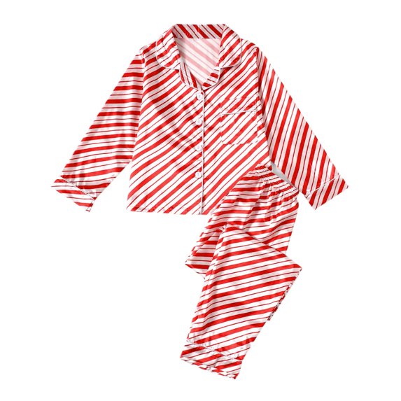 TAIAOJING Lightweight Satin Pajamas Family Pajamas Set Matching Christmas Striped Print Pants Family Blouse Pajamas Family Loungewear Lapel Shirts With Button