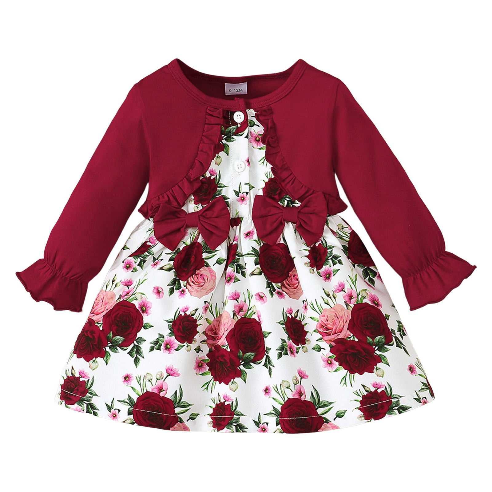 TAIAOJING Little Girl Long Sleeve Dress Toddler Girls Floral Prints Ruffles Bowknot Dress Dance