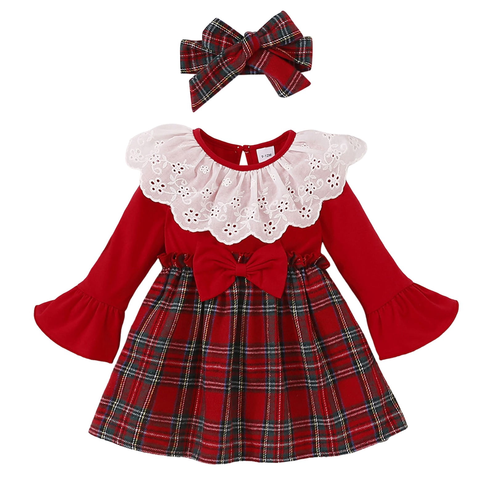 TAIAOJING Little Girl Long Sleeve Dress Toddler Girls Plaid Prints Bowknot Lace Ruffles Dress