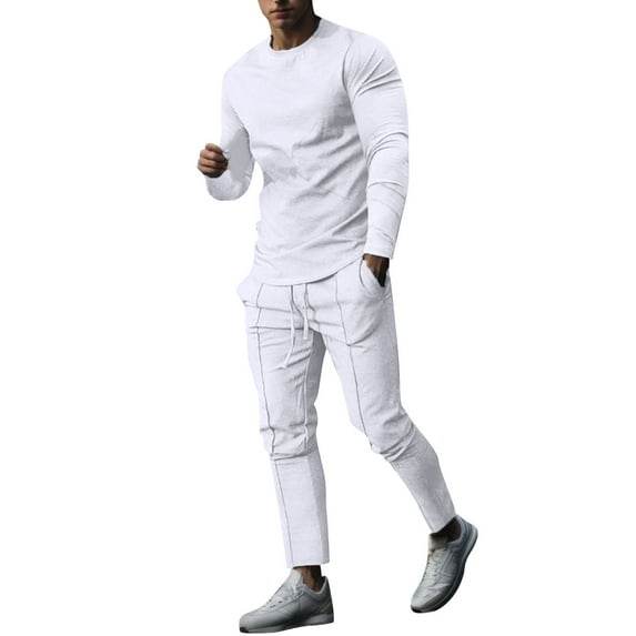 TAIAOJING Men 2 Piece Outfit Casual Solid Two Piece Suit Round Neck Long Sleeve Top Blouse Suit Drawstring Pocket Pants Set Tracksuit