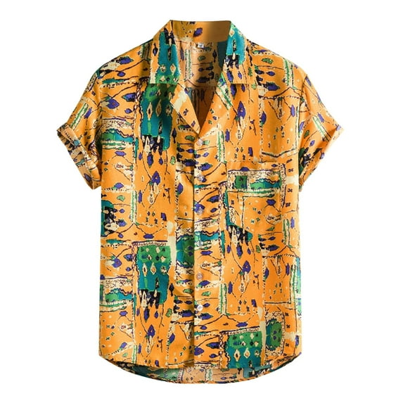 TAIAOJING Men Casual Shirts For Summer Cotton Linen Print Short Sleeve Colorblock Striped Lapel With Pocket Button Down Blouse Shirt