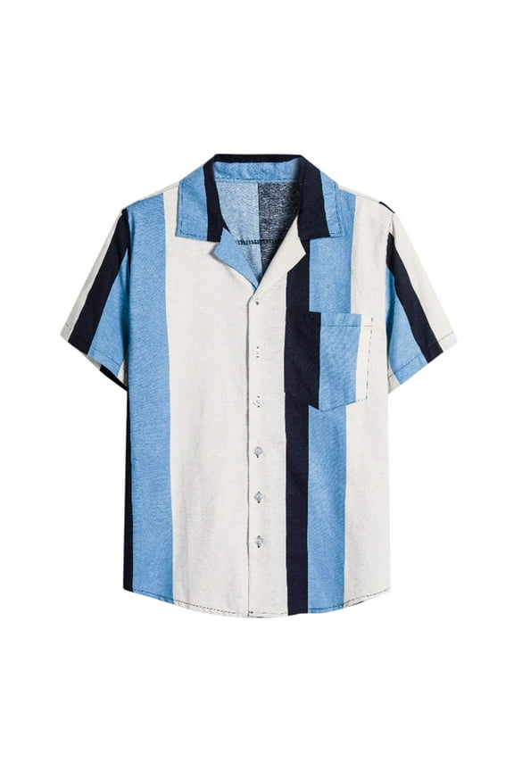 Men Casual Shirts For Summer Cotton Linen Print Short Sleeve Colorblock Striped Lapel With Pocket Button Down Blouse Shirt