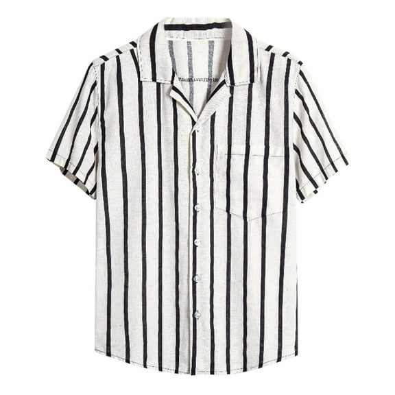 TAIAOJING Men Casual Shirts For Summer Cotton Linen Print Short Sleeve Colorblock Striped Lapel With Pocket Button Down Blouse Shirt
