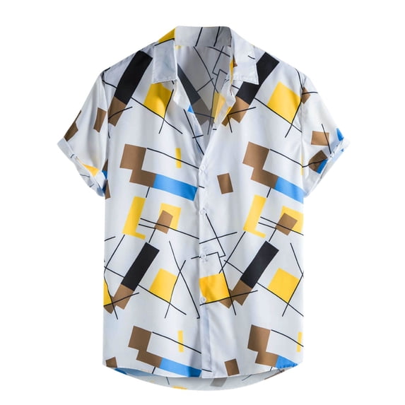 TAIAOJING Men Casual Shirts For Summer Cotton Linen Print Short Sleeve Colorblock Striped Lapel With Pocket Button Down Blouse Shirt