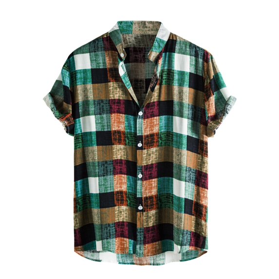 TAIAOJING Men Casual Shirts For Summer Cotton Linen Print Short Sleeve Colorblock Striped Lapel With Pocket Button Down Blouse Shirt