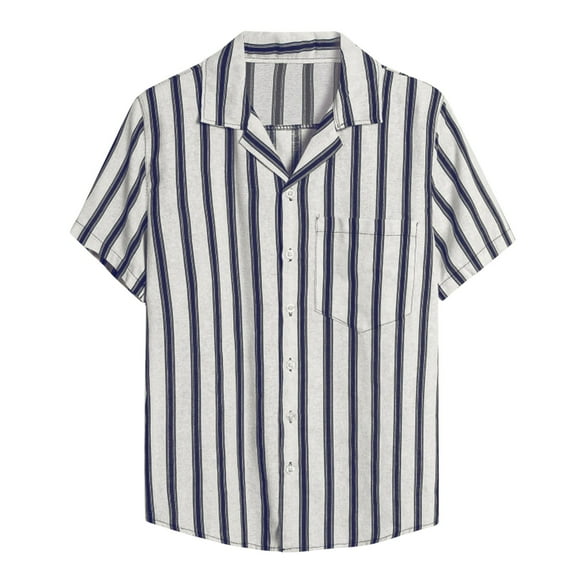 TAIAOJING Men Casual Shirts For Summer Cotton Linen Print Short Sleeve Colorblock Striped Lapel With Pocket Button Down Blouse Shirt