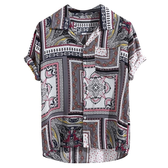 TAIAOJING Men Casual Shirts Vintage Ethnic Printed Turn Down Collar Short Sleeve Loose Shirts Fashion Blouse Shirt