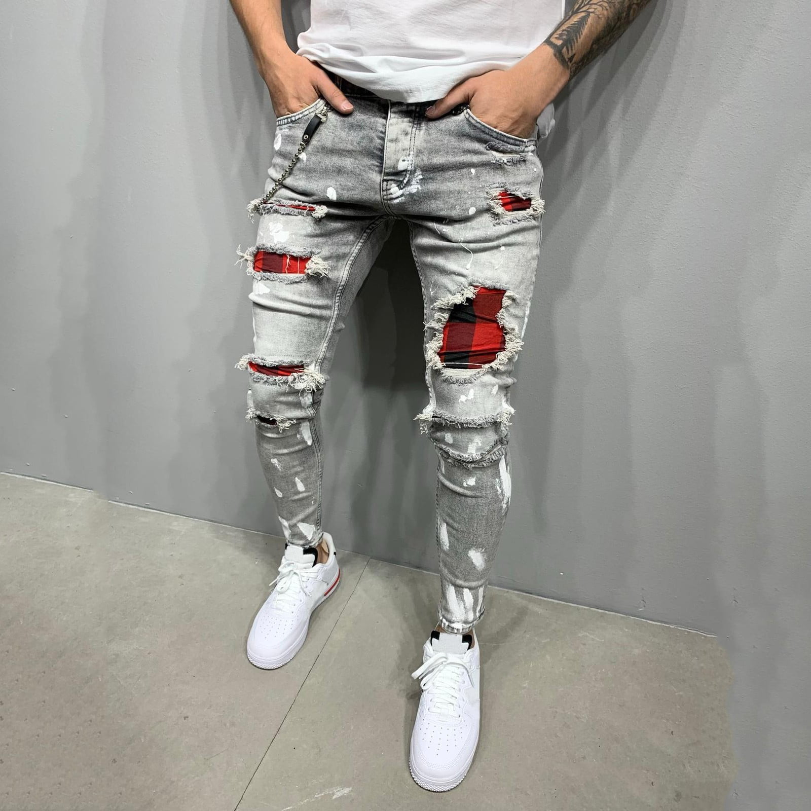 Four Seasons Men Jeans Street Retro Hip Hop Denim Trousers Straight Wide  Leg Pants Stitching Hole Design Ins Hot Sale pants men