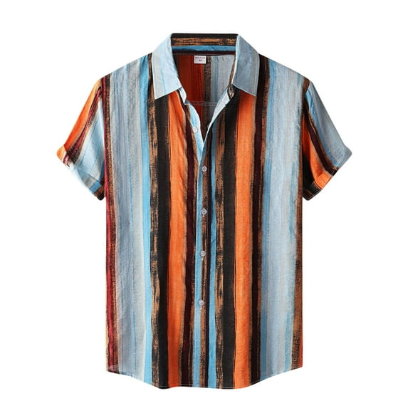 TAIAOJING Men's Casual Shirts Turn-Down Collar Short Sleeve Button Stripe Beach Print Blouse