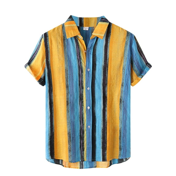 TAIAOJING Men's Casual Shirts Turn-Down Collar Short Sleeve Button Stripe Beach Print Blouse