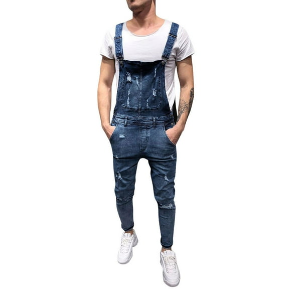 TAIAOJING Men’s Cotton Linen Pants Drawstring Overall Casual Jumpsuit Jeans Wash Broken Pocket Trousers Suspender Pants
