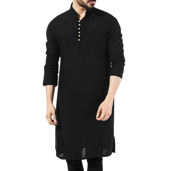 TAIAOJING Men's Crew Neck T Shirt Casual Solid Stand Collar Robe Long Sleeve Button Jubba Thobe Cotton Shirt