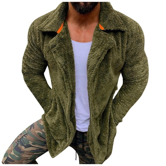 TAIAOJING Men's Jacket Winter Casual Plush Solid Turn-Down Collar Long Sleeve Hooded Zipper Button Pocket Streetwear Coat