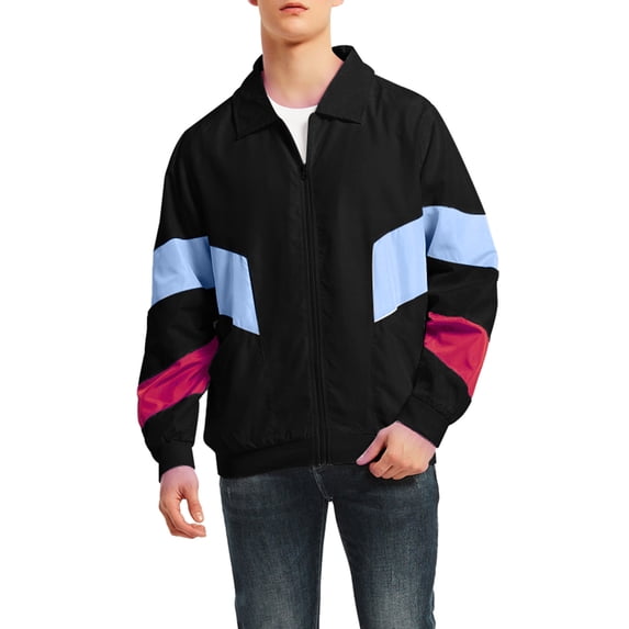 TAIAOJING Men's Jackets-Windproof Bomber Jacket Autumn Casual Loose Stitching Hooded Waterproof Breathable Flight Suit Thin Coat Top Blouse
