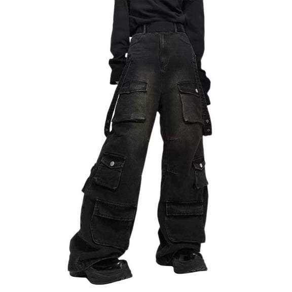 TAIAOJING Men's Jeans Male Workwear Dragline Trousers High Street Multi Pockets Straight Leg Loose Pants Pants Comfort Stretch Denim Jeans for Men