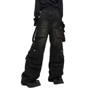 TAIAOJING Mens Jeans Male Workwear Dragline Trousers High Street Multi Pockets Straight Leg Loose Pants Pants Comfort Stretch Denim Jeans for Men