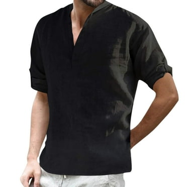 TAIAOJING Men's Long Sleeve Button Down Shirts Casual Solid Color Stand Collar Blouse Roll Up Beach Tops