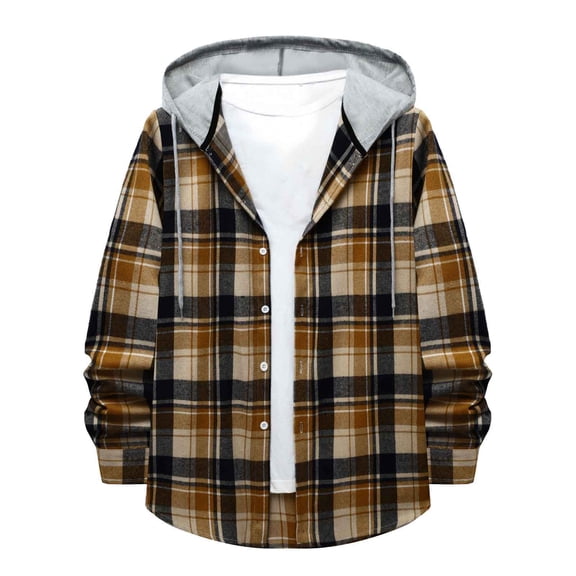 TAIAOJING Men's Plaid Shacket Shirt Jacket Autumn And Winter Casual Autumn And Winter Plaid Print Shirt Long Sleeve Hooded Collar Shirt Blouse