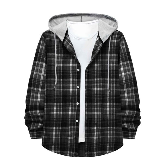 TAIAOJING Men's Plaid Shacket Shirt Jacket Casual Autumn And Winter Plaid Print Shirt Long Sleeve Hooded Collar Long Sleeve Blouse Shirt