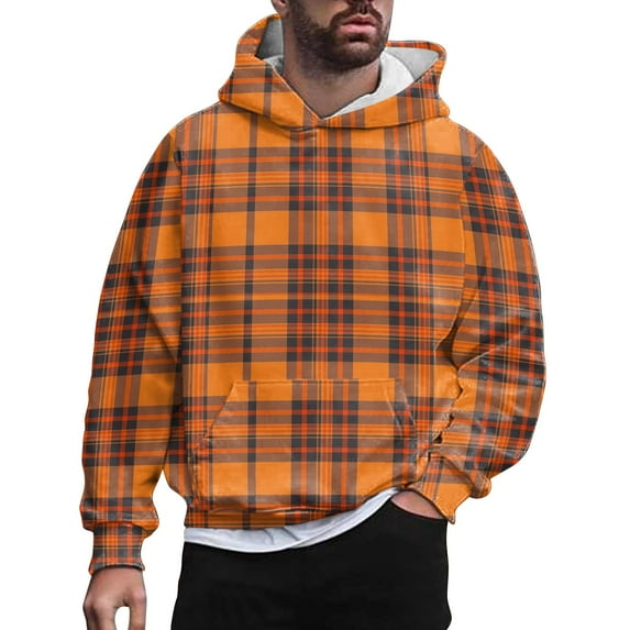 TAIAOJING Men's Pullover Hoodies Male Autumn And Winter Street Leisure Travel Outdoor Sports Plaid Print Slim Fit Hooded Long Sleeve Sweater Top With Pocket Casual Fall Tops