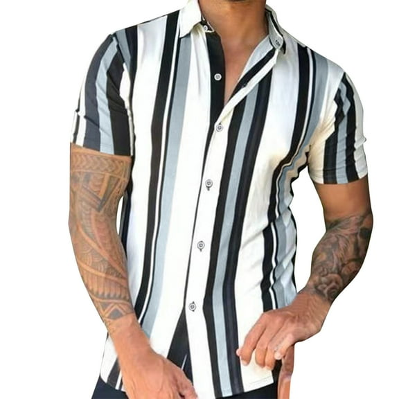 TAIAOJING Men's Short Sleeve Button Down Shirts Spring Summer Casual Striped Printed Top Blouse Beach Shirt