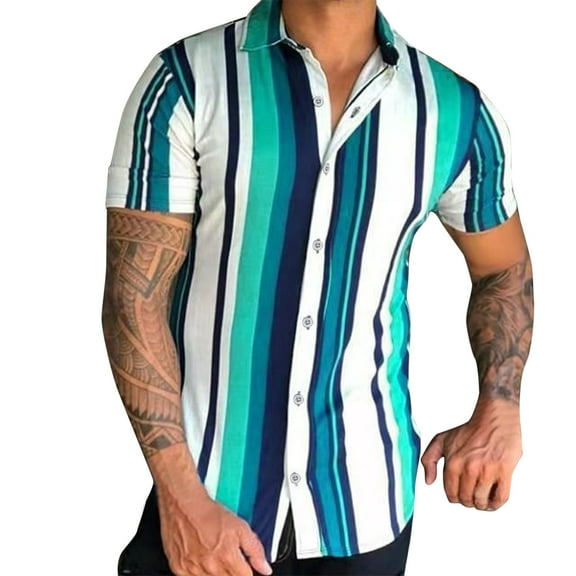 TAIAOJING Men's Short Sleeve Button Down Shirts Spring Summer Casual Striped Printed Top Blouse Beach Shirt