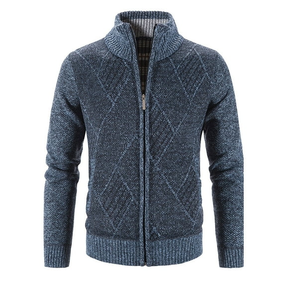 TAIAOJING Men's Wool Blend Coat Winter Sweater Long Sleeve Plus Velvet Turtleneck Thick Diamond Block Check Sweater Fashion Cardigan Streetwear Jacket