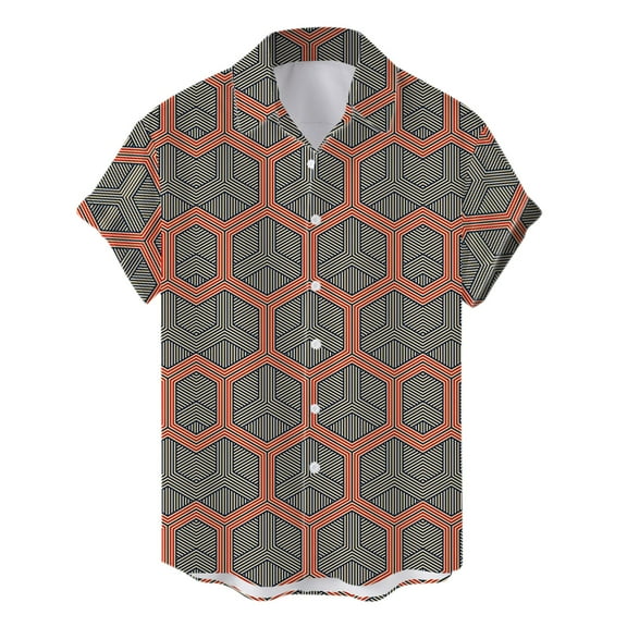 TAIAOJING Mens Casual Line Cotton Button Down Shirts Summer Hawaii Striped Printed Blouse Short Sleeve Turn Collar Beach Shirt