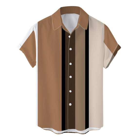 TAIAOJING Mens Casual Line Cotton Button Down Shirts Summer Hawaii Striped Printed Blouse Short Sleeve Turn Collar Beach Shirt