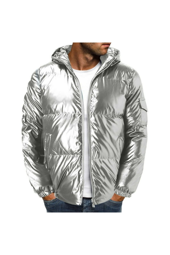 Mens Fashion Varsity Jackets Coat Trendy Color Cotton Solid Padded Reflective Shiny Coat Hooded Windbreaker For Outdoor