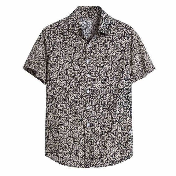 TAIAOJING Mens Hawaii Button Down Shirts Short Sleeve Cotton Linen Casual Printed Hawaiian Shirt Blouse T-shirt