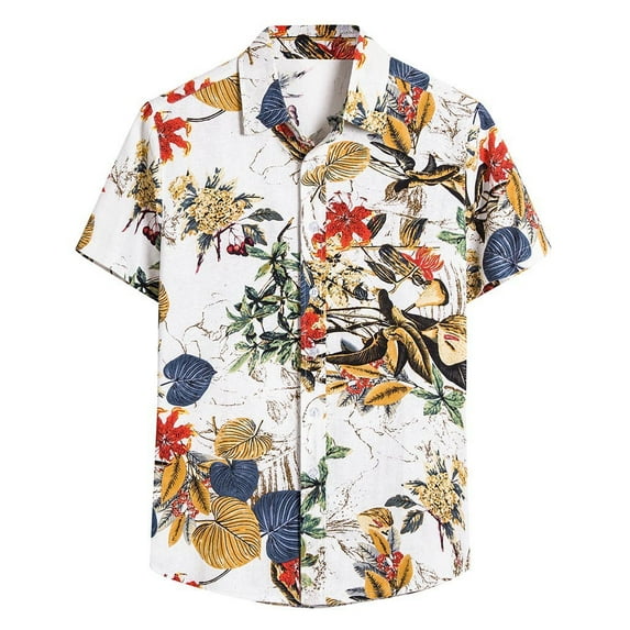 TAIAOJING Mens Hawaii Button Down Shirts Short Sleeve Ethnic Casual Cotton Linen Printed Hawaiian Shirt Blouse